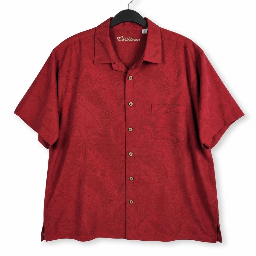 Caribbean Button Up Mens XXL Red Floral Jacquard Short Sleeve Tropical Resort